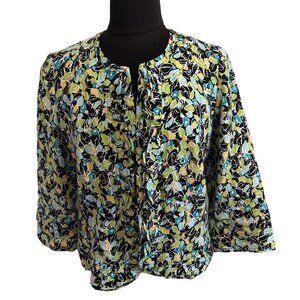 Kim Rogers Multi-Colored Open Ruffled Front, Linen Jacket 3/4 Sleeves, Med